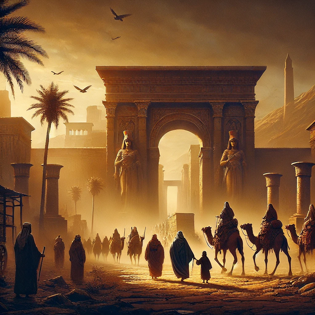 A dramatic and atmospheric depiction of Abraham and Sarah leaving Egypt with a small caravan after the events of Genesis 12:10-17. The scene shows Abraham and Sarah leading a modest group, including a couple of camels and a servant, through the grand gates of the Egyptian city into the open desert. The Egyptian city is detailed with large gates, tall columns, and palm trees, emphasizing an ancient setting. The figures are small but distinct, dressed in traditional Middle Eastern attire. The scene is illuminated by warm, golden light, creating a sense of divine guidance and departure, with no modern elements included.